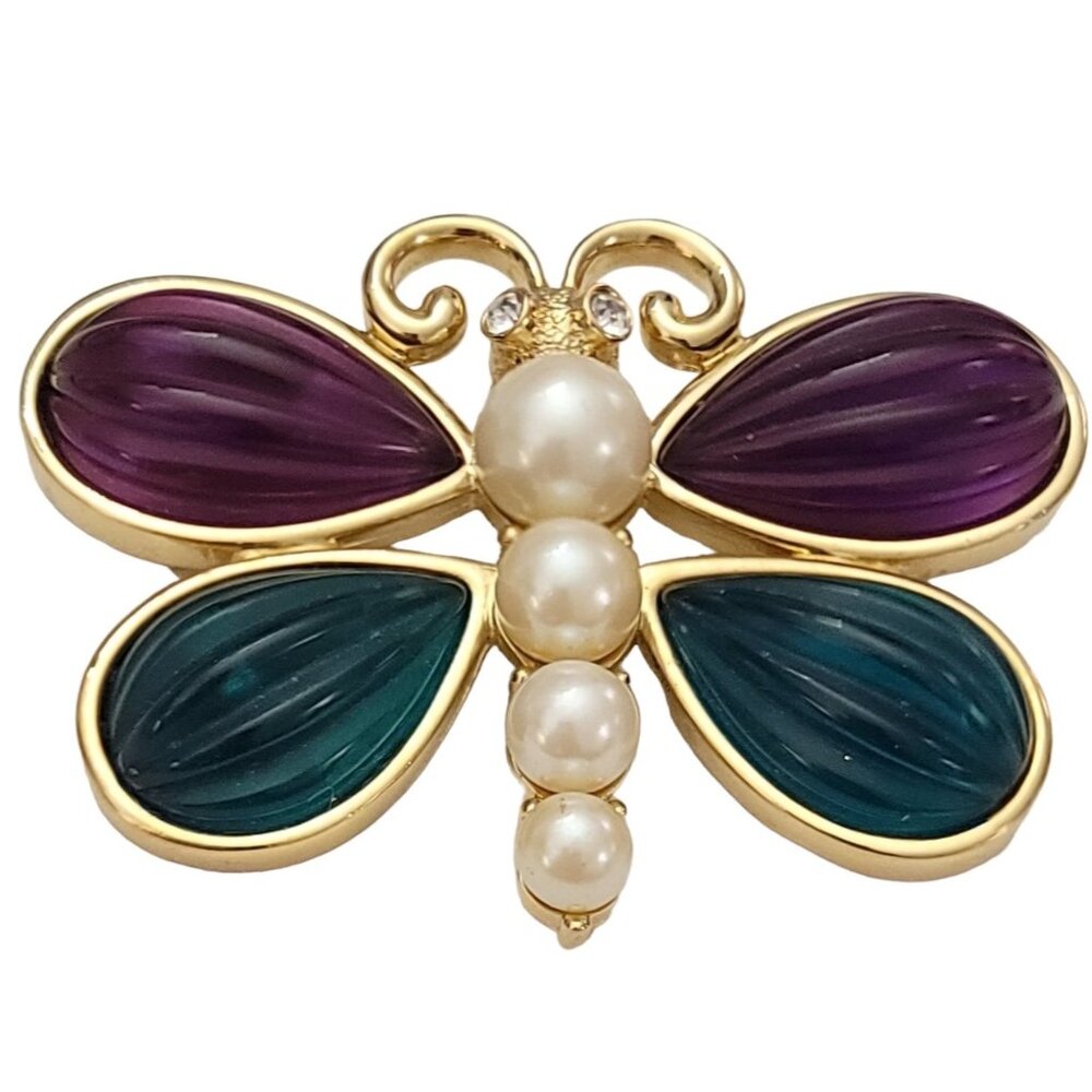 Gold Tone Purple Green Ribbed Lucite Faux Pearl Butterfly Brooch Pin K225